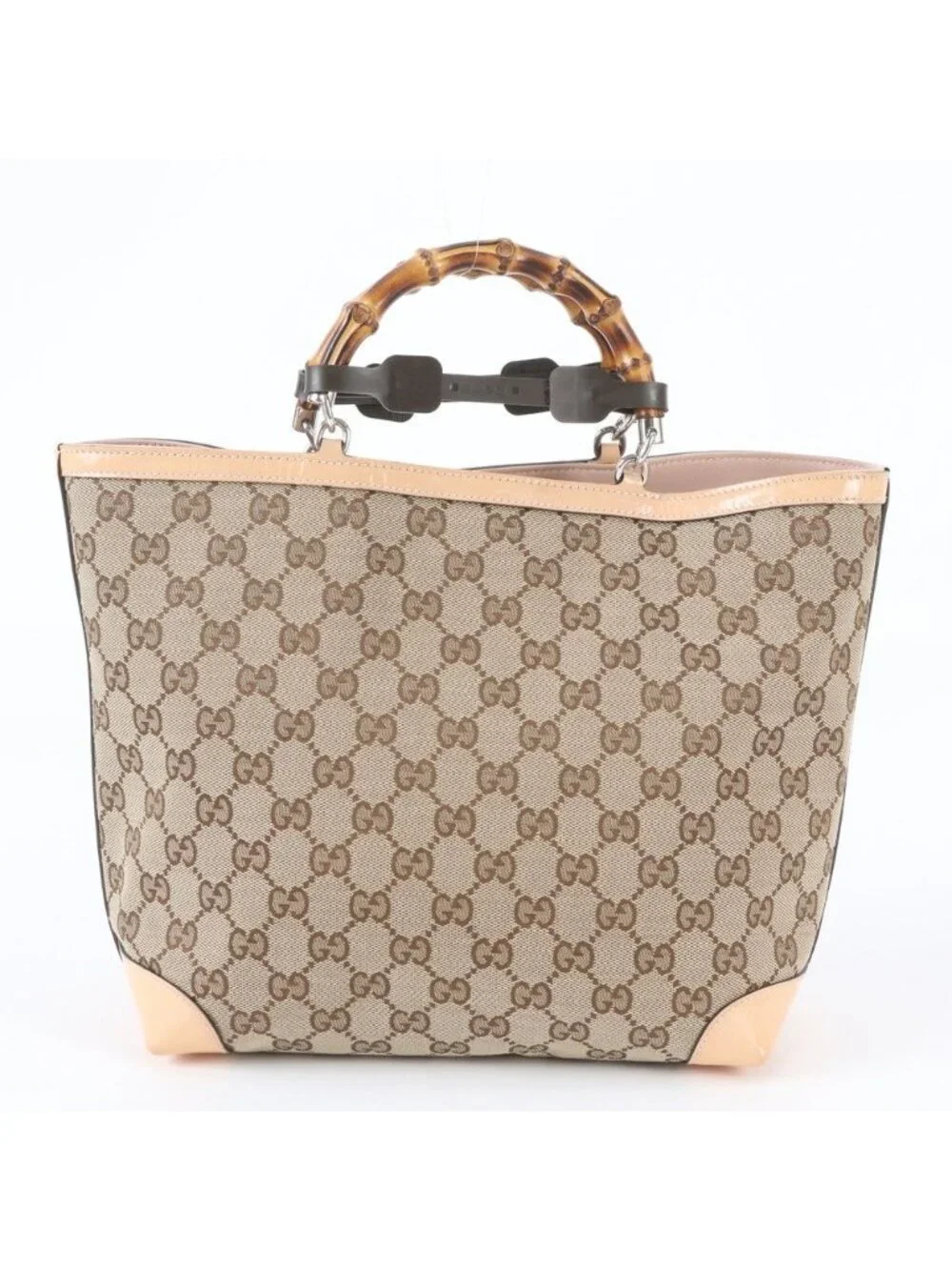 Gucci GG Canvas Bamboo Leather Handbag Tote Brown